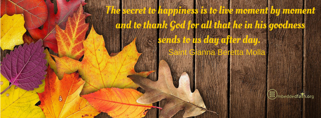 The secret to happiness is to live moment by moment and to thank God for all that he in his goodness sends to us day after day. - St. Gianna Beretta Molla. Facebook cover on embeddedfaith.org